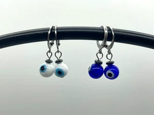 Evil Eye Dangle Earrings, Lampwork Glass, Good Luck Amulet. Blue or White - Picture 1 of 10