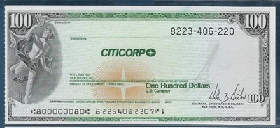 Citicorp Travellers Cheque $100 / Not Specimen, 1980s, UNC - Image 1 of 2