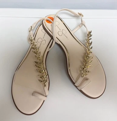 NWOB JESSICA SIMPSON 9.5 IVORY GOLD LEAF ACCENT BUCKLE FLAT SANDALS SHOES - Image 1 of 4