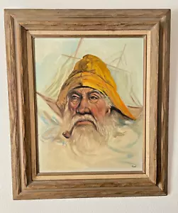 "Vintage signierter Pozi ""Alter Walfänger"" Porträt Ölgemälde an Bord gerahmt 27,5"" x 23,5" - Bild 1 von 7