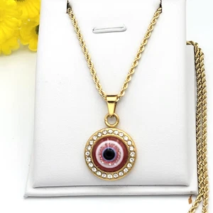 Stainless Steel Gold Plated Red Evil Eye Pendant - Talisman Protection - Picture 1 of 3