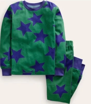 NWT 4  4T Mini Boden Deep Green Pajamas w/ Navy Blue Stars - Image 1 of 3