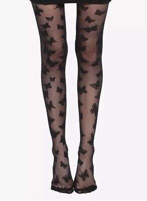 HOT TOPIC ONE SIZE  SHEER BLACK WOVEN FLOCKED BUTTERFLY TIGHTS NEW HARD TO FIND - Image 1 of 2