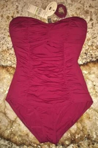 TOMMY BAHAMA Pearl Solids Sangria Red Shirred Bandeau Control Swimsuit Womens 4 - Picture 1 of 3