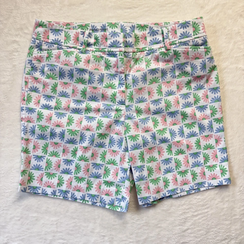 Pantalones Cortos Talbots Mujer 8 Azul Rosa Geométrico Floral 7" Bermudas Algodón Elástico Foto 1 de 4
