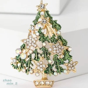 Gold Tone Christmas Tree Brooch Pin Crystal Rhinestone Brooches Party Gift Lapel - Picture 1 of 6