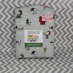 Peanuts Snoopy Holiday Queen Sheets Woodstock Christmas 4 Pc Set Gray Green Red - Picture 1 of 10