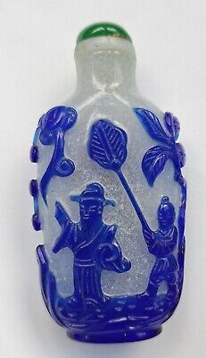 Antique Chinese Frosted & Blue Overlay Peking Glass Snuff Bottle W/ Dragon • 2500£