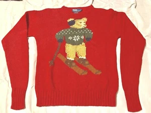 *LIMITED* POLO Ralph Lauren Red Big Ski Bear Hand Knit Sweater Medium Vintage  - Picture 1 of 10