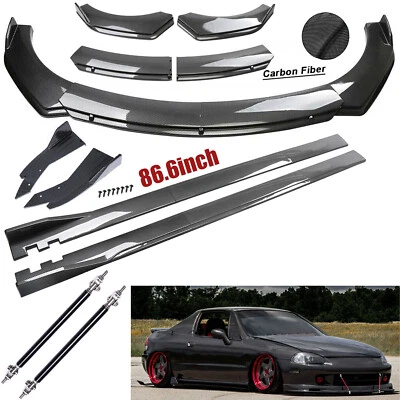 For Honda Civic Del Sol Fiber Front Bumper Lip Spoiler 86.6" Side Skirt Kit - Imagem 1 de 4