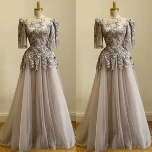 Gothic Wedding Dresses 3D Flowers Lace Appliques Scoop Neck A Line Bridal Gown - Picture 1 of 9
