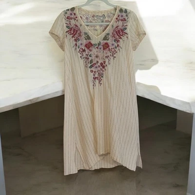 Vestido Johnny Was Workshop Bordado Beige Crema Rayas Informal Bohemio S Foto 1 de 4