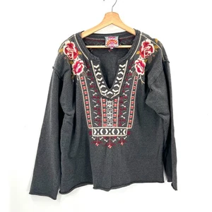 Johnny Was bestickt issoria Baumwolle Pullover Sweatshirt Boho Popover Oberteil L - Bild 1 von 13
