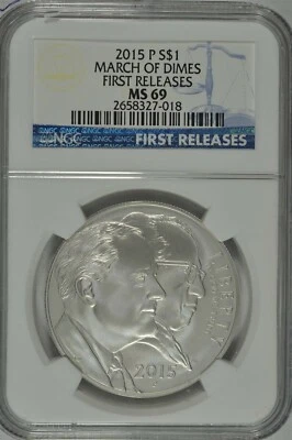 2015 P March of Dimes Uncirculated Silver Dollar NGC MS69 First Releases - Image 1 of 2