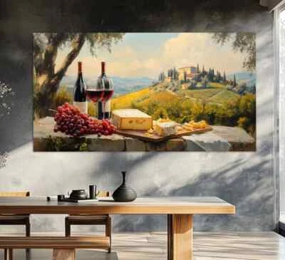 Tuscany Wine & Cheese Painting, Rustic Wall Art Canvas Unframed Print Art - Image 1 of 3