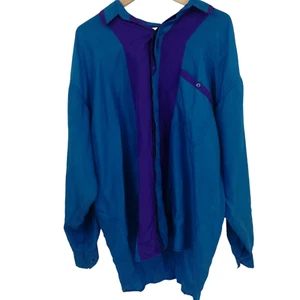 Vintage Button Front Silk Blouse Shirt Size XL Colorblock Purple Blue NOS Flaw - Picture 1 of 14