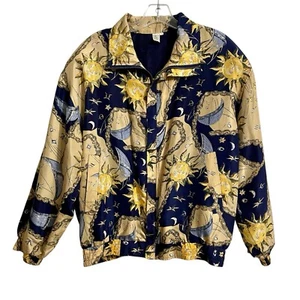 Vintage Shanghai Silk Bomber Jacket L Womens Celestial Stars Moons Full Zip 80s - Picture 1 of 9