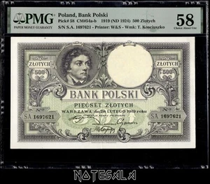 POLAND 500 ZLOTYCH 1919 (ND 1924) Pick-58 PMG 58 AUNC SERIES SA S/N 1697621 - Picture 1 of 2