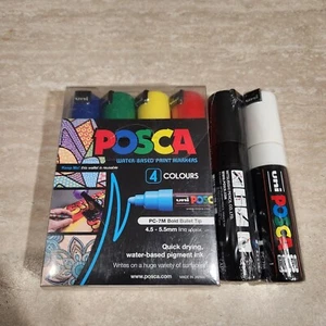 Uni Posca Water Based Pigment Ink 4.5mm Tip Marker Assorted Pack Of 4 + 2 - Picture 1 of 2