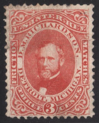 RO156a D. M. Richardson Detroit 1864 Match & Medicine Revenue 3c Vermillion Old - Image 1 of 3