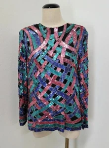 Vintage 80er Jahre Channa Seide Pailletten verziert Abend Top Gr. Large schwarz Silvester - Bild 1 von 9