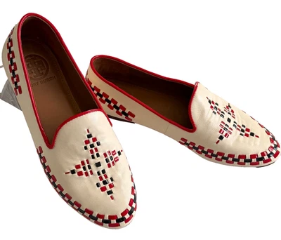 Mocasín Tory Burch Marlow Todo Cuero Trenzado Bordado Pisos EE. UU. 7.5 Nuevo Foto 1 de 4