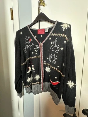 Holiday Lodge By Northcrest Christmas Sweater Women's XLarge Black Zipper up - Image 1 of 4