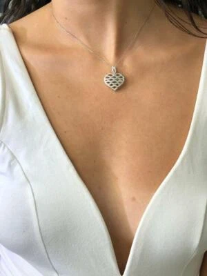 Collana A Cuore Con Halo In Oro Bianco 14K E Diamanti Naturali Pave 16"L Regalo - Immagine 1 di 4