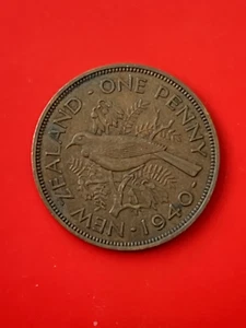 1940 New Zealand One 1 Penny Tui Bird Kowhai Tree WWII Era Coin King George VI - Picture 1 of 2