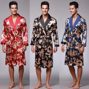 2025Herren Morgenmantel Robe Kimono Bademantel Satin Nachtwäsche Pyjama Lang - Bild 1 von 20