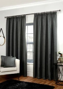 Luxury Woven Basket Weave Thermal Blackout 3" Pencil Pleat Lined Pair Curtains - Picture 1 of 4