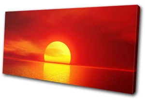 Stunning Red Orange Sun Sunset Seascape SINGLE CANVAS WALL ART Picture Print - Picture 1 of 1