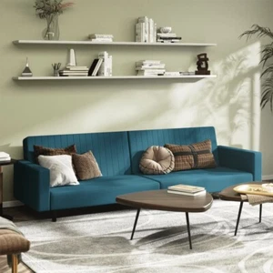 2-Seater Sofa Bed Blue Velvet - Picture 1 of 11