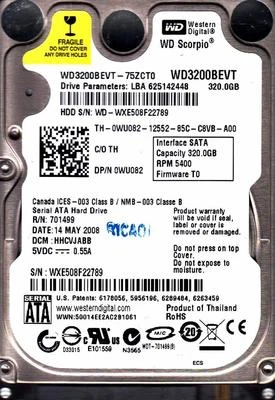 WD3200BEVT-75ZCT0 dcm: HHCVJABB Western Digital 320GB SATA 2.5" HDD  B12-17 - Image 1 of 3