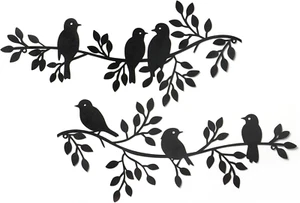 Metal Birds Wall Decor Art Leaves 6 Birds on Vine Olive Branch Iron Sculptures S - Picture 1 of 12
