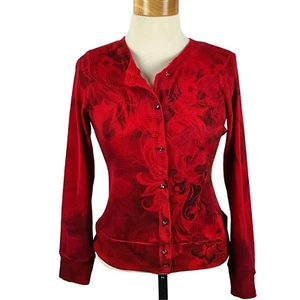 NY Collection Women's Red Studded Floral Jewel Button Cardigan Sweater Size PM - Picture 1 of 24