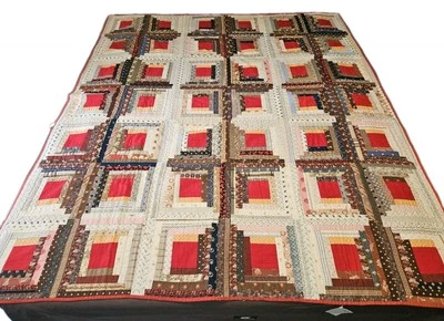 Antique New England Primitive Barn Log Cabin Quilt Great Design 1800s Americana - Image 1 of 4