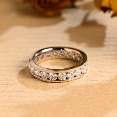 Channel Set Diamond 14K White Gold Over Eternity Stacking Band Ring Gift Women's - Image 1 of 4