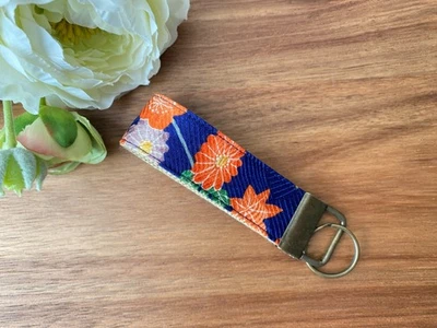 A Mini Japanese Kimono Silk fabric Key holder, strap, chain Blue floral Handmade - Image 1 of 4
