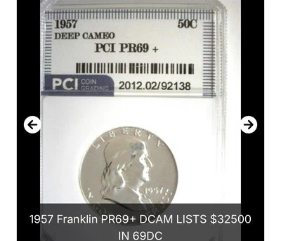 Moneda premium Franklin 1957 medio dólar prueba DCAM Foto 1 de 2