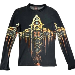 Jean Paul Gaultier Mens M Long Sleeve Mesh Shirt Black Gothic Cross Black Vtg 98 - Picture 1 of 11