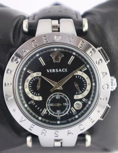 Luxury Versace Quartz Men Chronograph Black Dial "Date" Leather Band Wristwatch - Picture 1 of 9