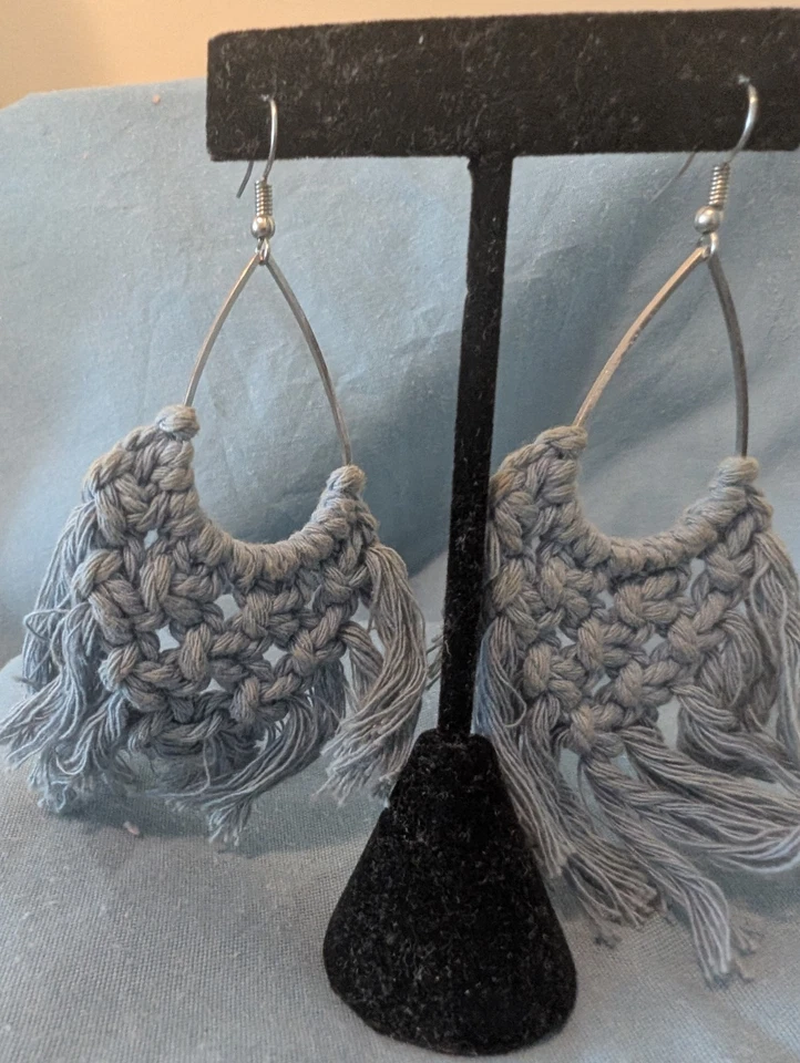 Paparazzi "Oh MACRAME, Oh My" Blue Knotted Teardrop Fringe Earrings - Image 1 of 1