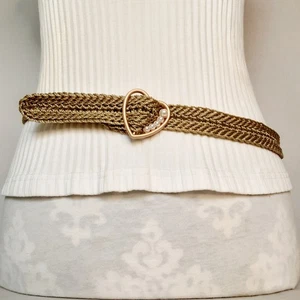 Handmade Crochet Belt One Size Gold Tone Cord And Heart-Shape Faux Pearl Buckle - Picture 1 of 11
