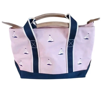 L.L. Bean Boat & Tote Velero Estampado Bordado Rosa/Azul 12x9x5" Cremallera Foto 1 de 4