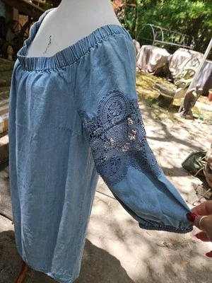 Vestido Chico's Chambray CROCHETED PAISLEY mangas fora do ombro midi GG tamanho 3 - Imagem 1 de 4