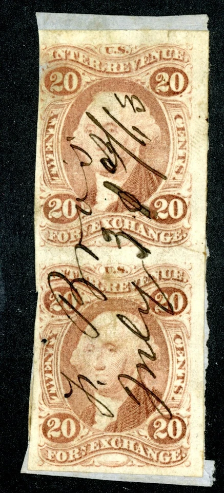 USA REVENUE R41a VERTICAL IMPERFORATE PAIR ON PIECE OF DOCUMENT CAT $400 - Image 1 of 1