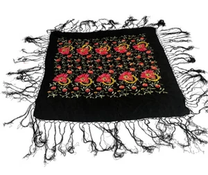 Mantón de piano español negro seda bordado borde flecos vintage años 20 48" + flecos - Imagen 1 de 23