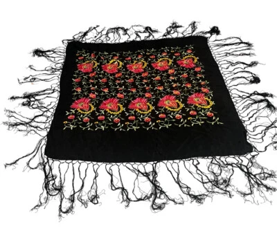 Mantón de piano español negro seda bordado borde flecos vintage años 20 48" + flecos Foto 1 de 4