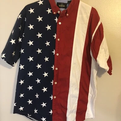 Camisa a Rayas Hombres Cabeza Roja Manga Corta Botón Bandera Americana Estrellas EE. UU. Talla L Foto 1 de 4